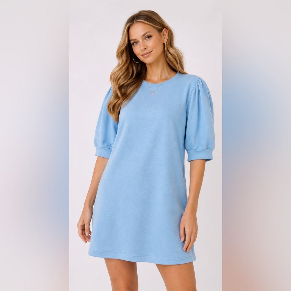 Addison Bay Blue Sweatshirt Dress L Puff Sleeve Athleisure Casual Knit